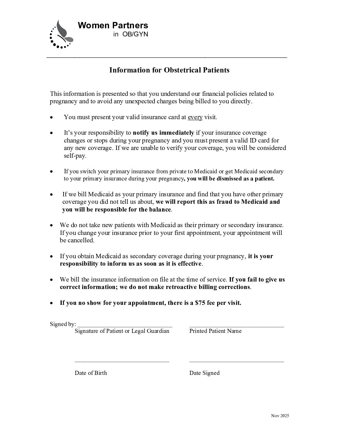 OB Policies Info 2025 - Women Partners In OB/GYN San Antonio